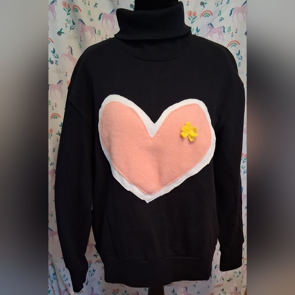 EUC Zara Black Cotton Fuzzy Teddy Heart Bow Casual Prep Turtleneck Sweater SZ S